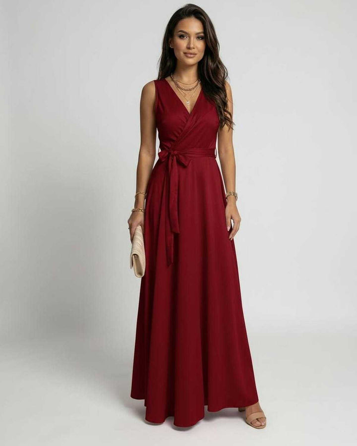 Vestido maxi rojo vibrante para mujer, elegante, con escote en V, sin mangas, ideal para fiesta y ocasiones especiales.