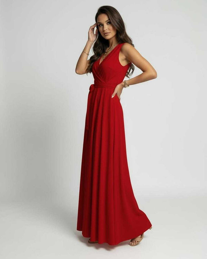 Vestido maxi de fiesta para mujer en color rojo intenso, estilo casual y elegante para primavera.