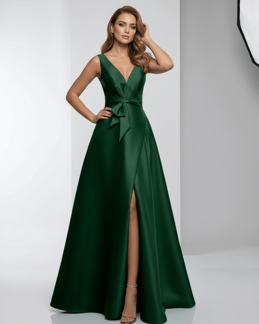 Vestido maxi esmeralda para invitada de boda, diseño formal con escote en V que resalta la figura femenina.