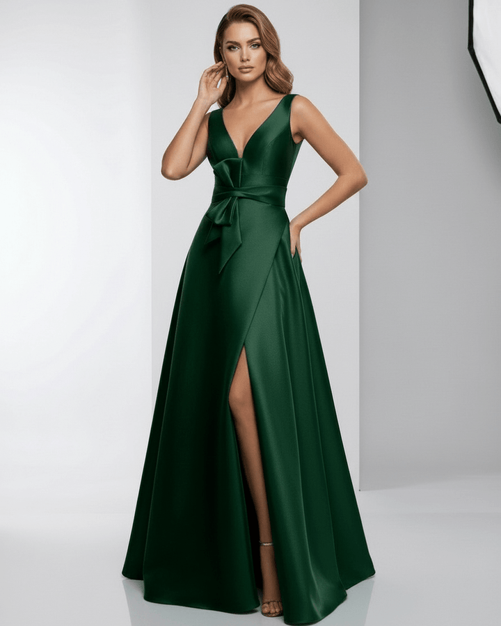 Vestido largo esmeralda de gala para mujer, elegante y sofisticado, con detalles en escote en V.
