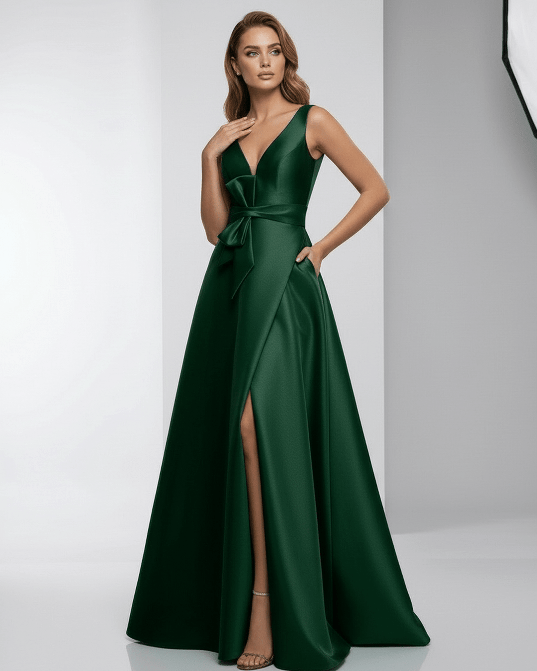 Vestido largo esmeralda de fiesta para mujer, con un diseño elegante y escote en V, perfecto para bodas.