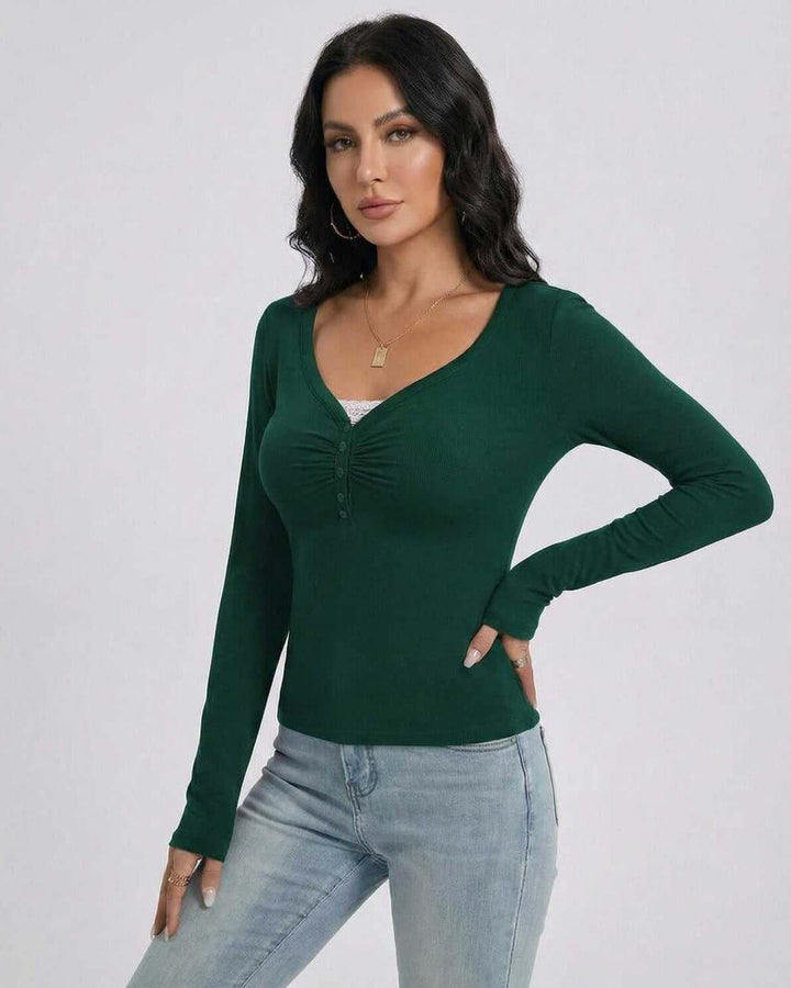 Suéter de mujer esmeralda, cuello en V, slim fit. Elegante pullover de manga larga para otoño e invierno.