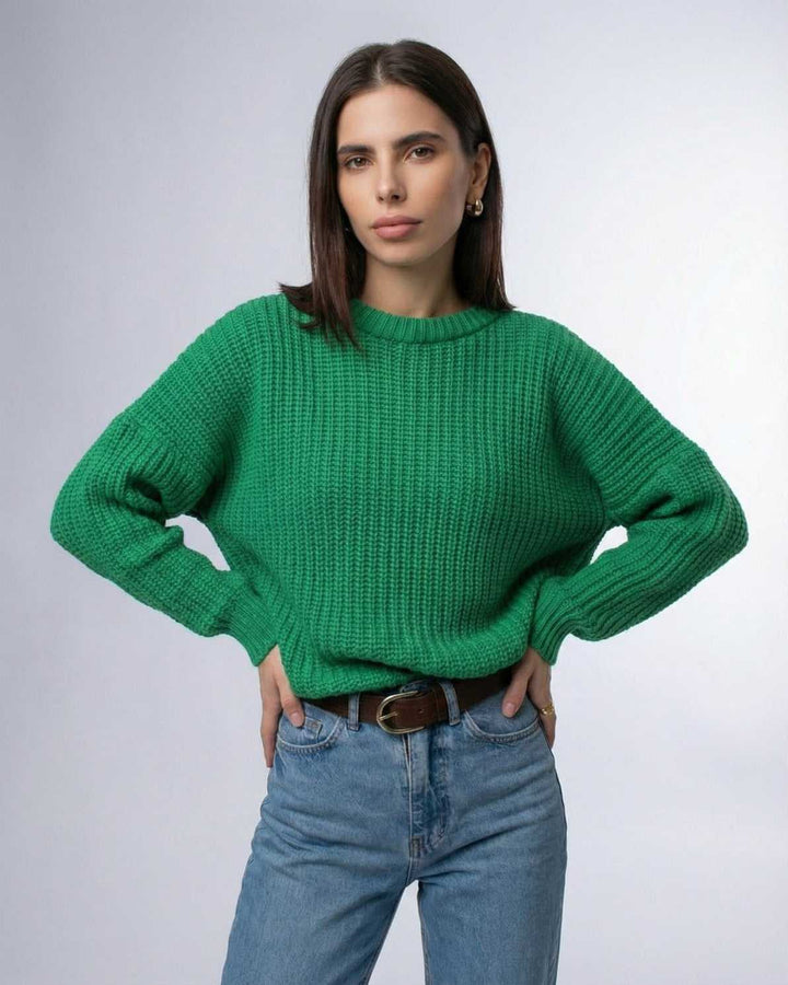 Suéter de mujer verde esmeralda acanalado, suave y cómodo, perfecto para otoño e invierno.