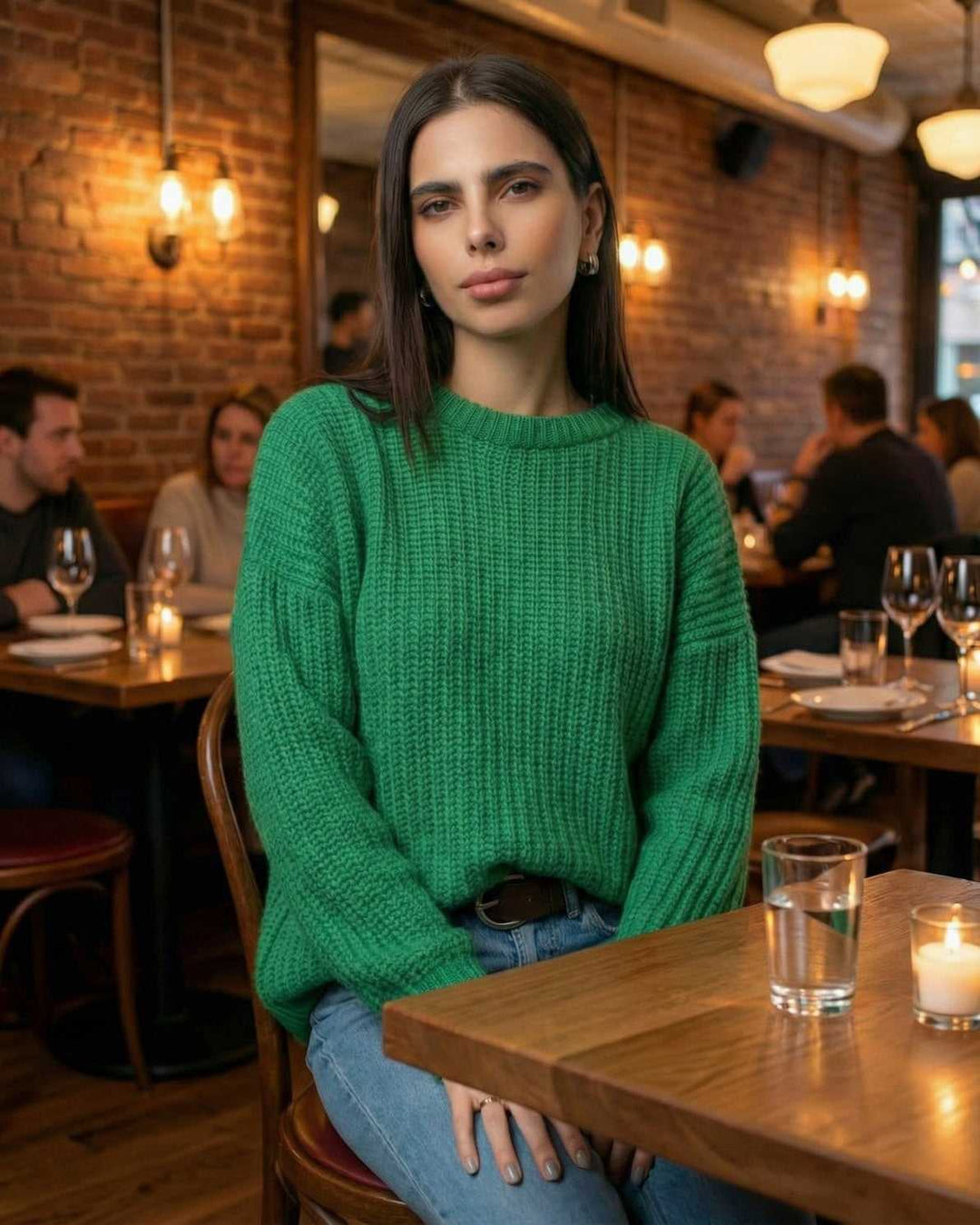 Suéter esmeralda de mujer acanalado, manga larga, pieza clave para moda casual o elegante de invierno.
