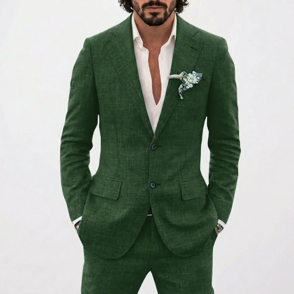 Traje de lino para hombre, disponible en varios colores. Comodidad y estilo elegante para cualquier evento veraniego.