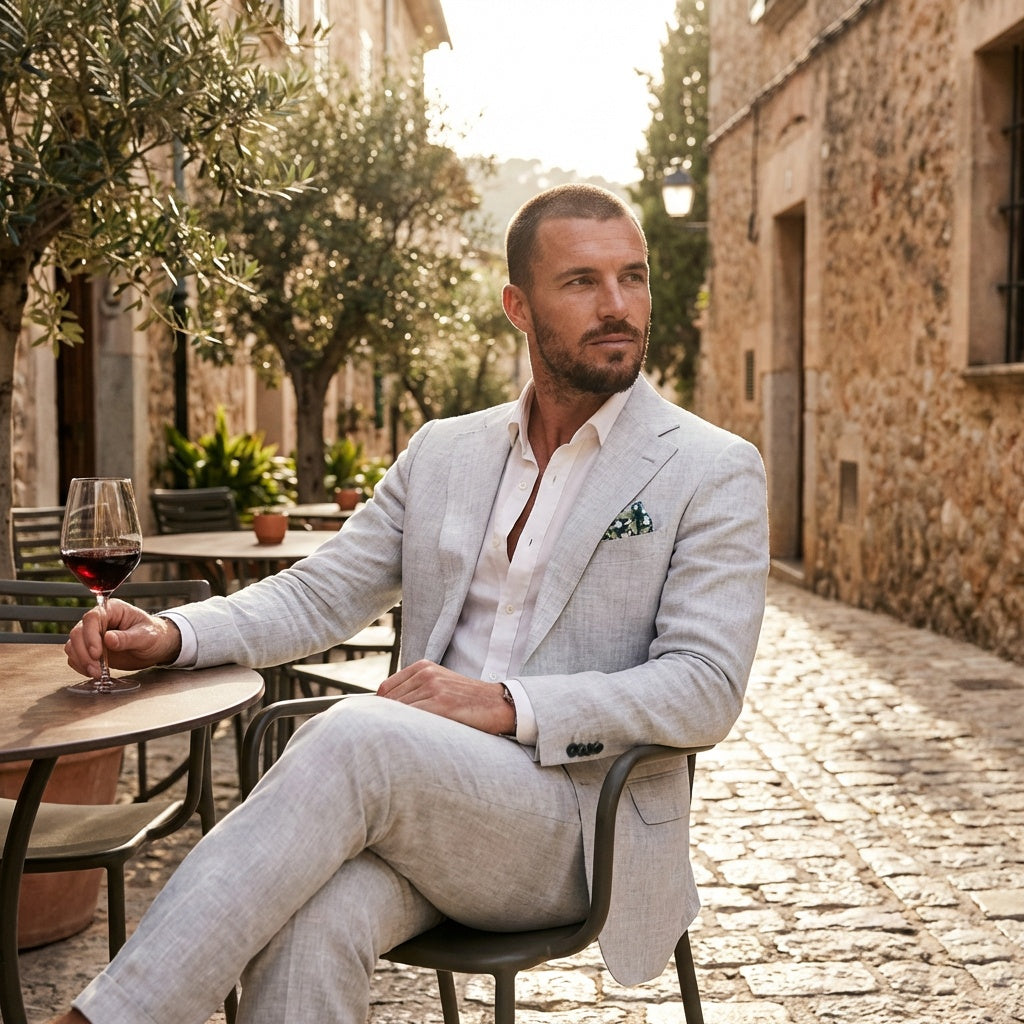 Hombre con traje de lino azul cielo, estilo mediterráneo. Perfecto para bodas de verano y ocasiones formales.