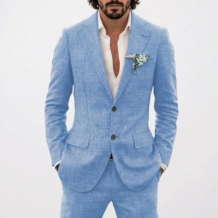 Traje de lino para hombre, corte moderno y transpirable. Confortable para celebraciones de verano al aire libre.