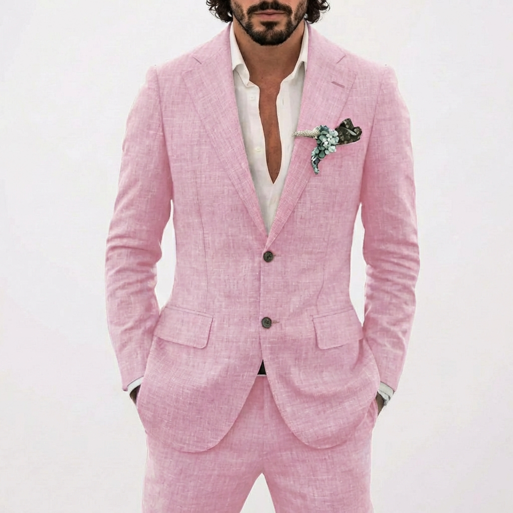Hombre vistiendo traje de lino gris claro. Estilo relajado y sofisticado, ideal para el calor y ocasiones especiales.
