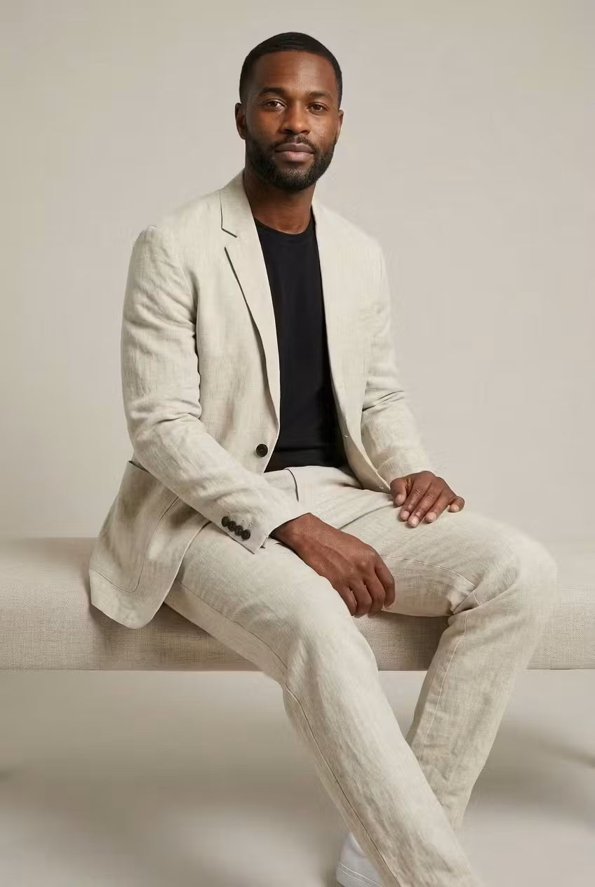 Hombre con traje de lino azul claro, dos piezas. Corte relajado, estilo casual elegante para la temporada de verano.