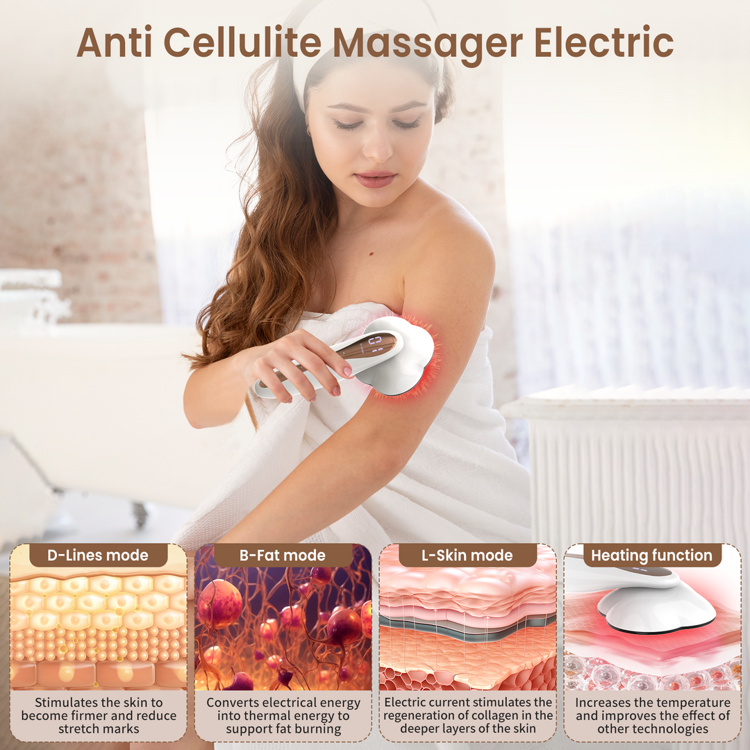 Dispositivo de masaje con tecnología EMS e infrarroja para alivio profundo del dolor muscular y bienestar.