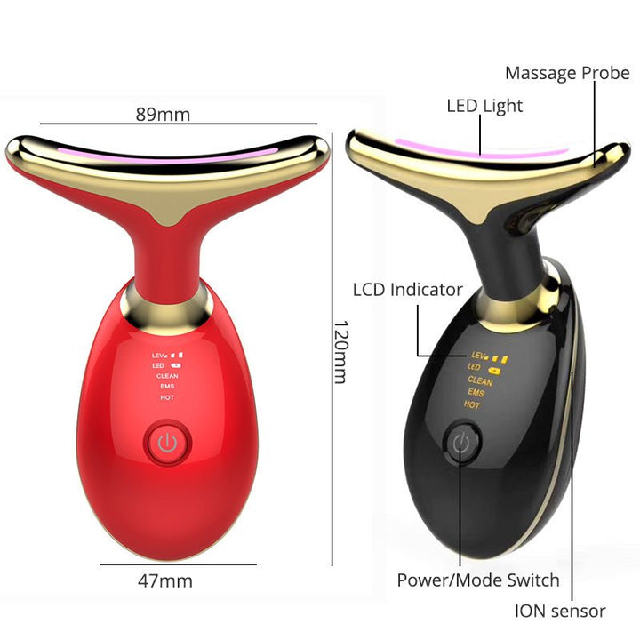 Terapia de luz roja facial y cuello con masajeador EMS, reduce arrugas, aporta lifting y firmeza.