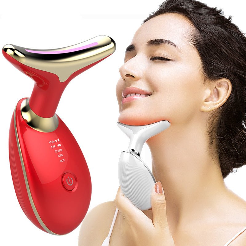 Cuidado completo de cuello y rostro con masajeador EMS de luz roja, para firmeza, limpieza y lifting.