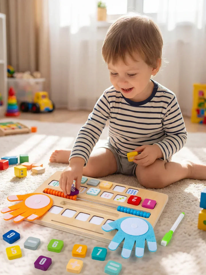 Juguete didáctico de madera con números para aprendizaje preescolar. Ideal para niños, mejora motricidad fina.