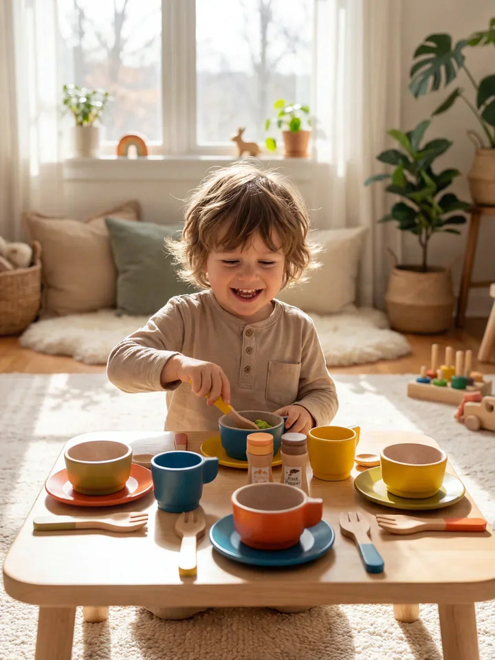 Juego de cocina de madera vibrante para niños con vajilla multi-piezas. Ideal para juego de imitación y desarrollo infantil.