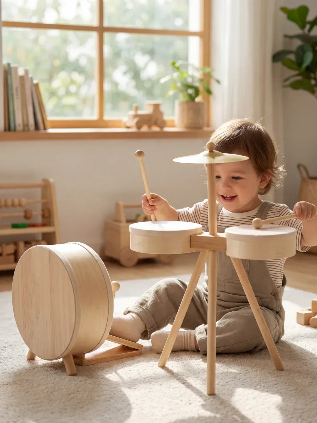 Set de tambores de madera para niños, percusión acústica para fomentar creatividad musical.
