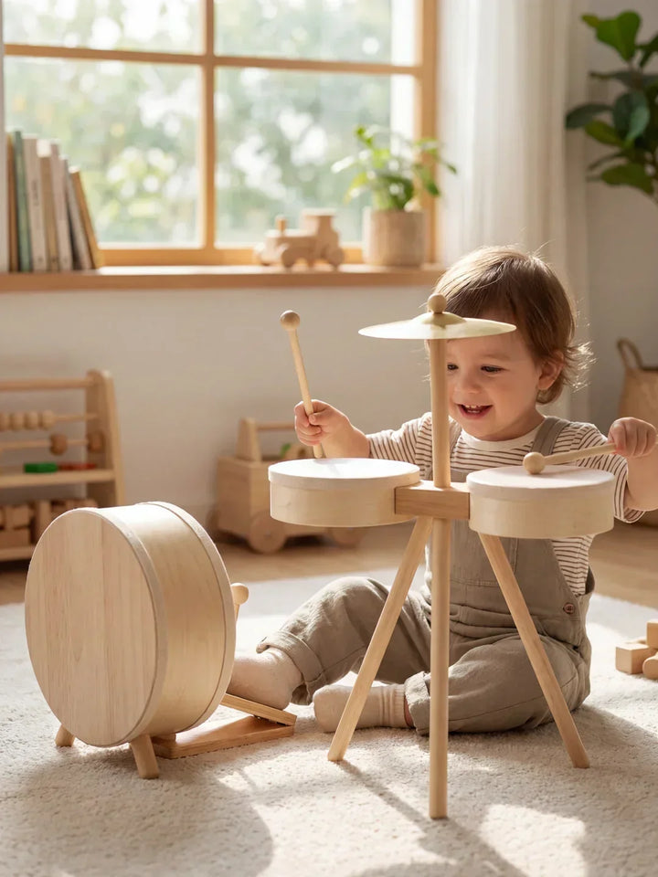 Set de tambores de madera para niños, percusión acústica para fomentar creatividad musical.