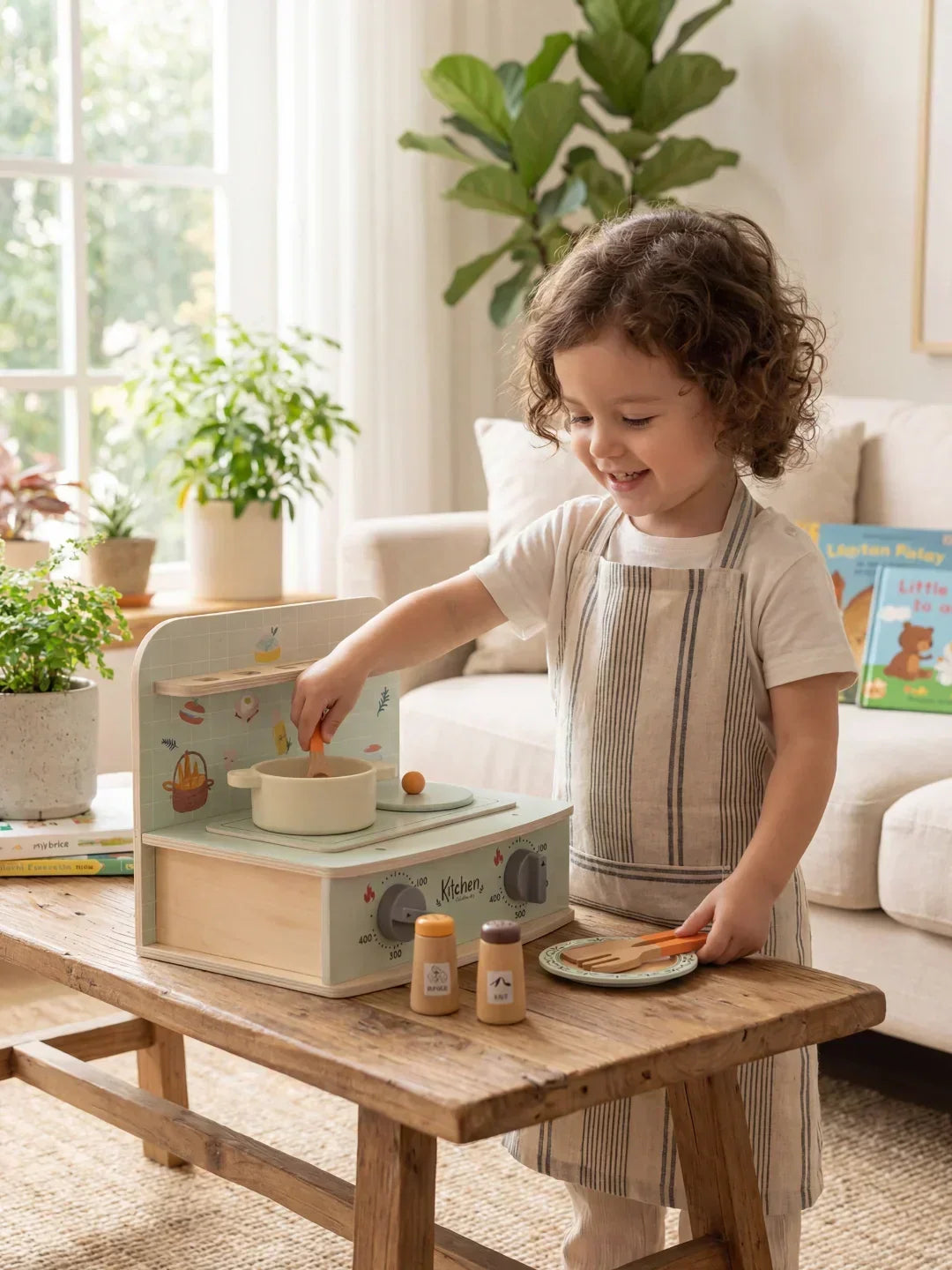 Cocina de madera infantil con perillas interactivas que hacen "clic" para juego de rol educativo y didáctico.