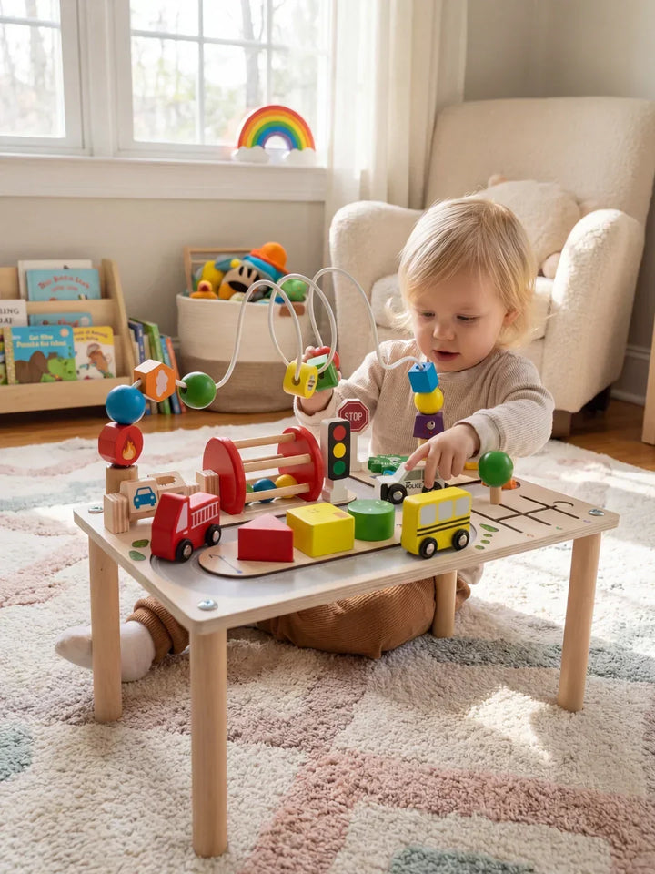 Mesa de actividades infantil de madera reversible con circuito de carreteras integrado, ideal para juego y aprendizaje.