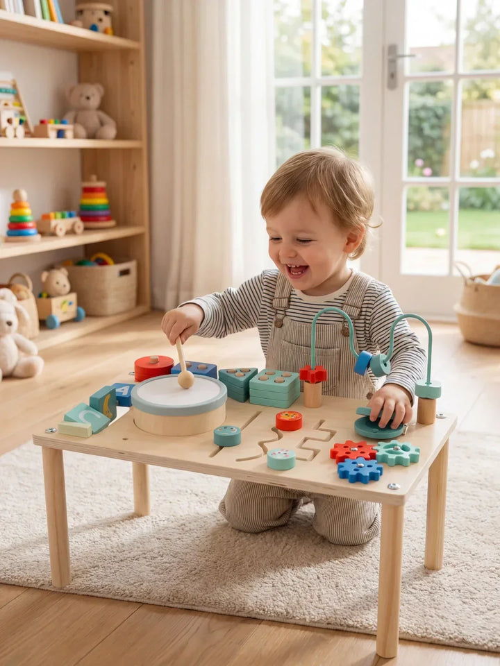 Mesa de actividades infantil de madera, ideal para el aprendizaje y juego didáctico de niños pequeños.