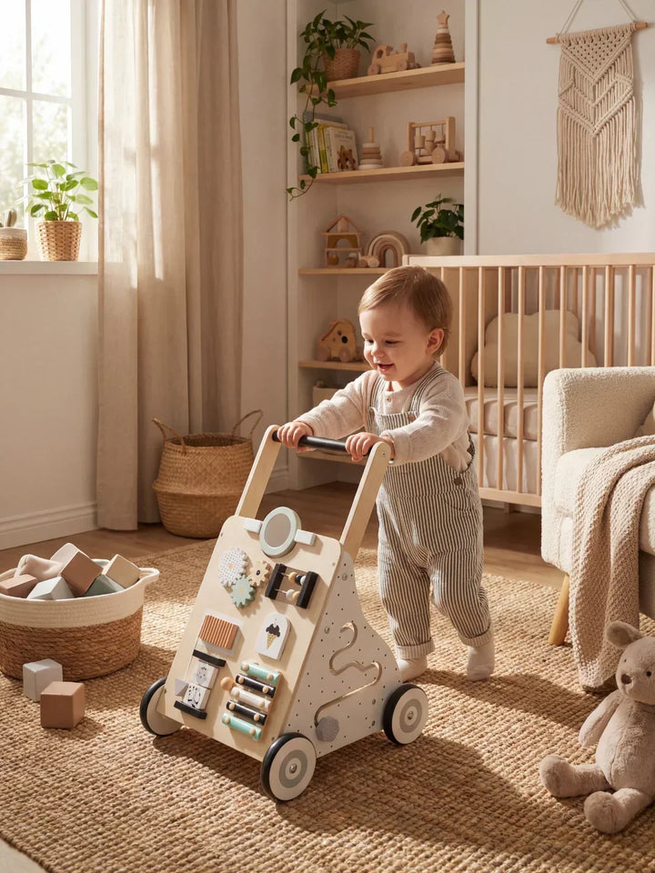 Diseño escandinavo: Andador de madera para bebé, regalo perfecto que apoya el desarrollo motriz.