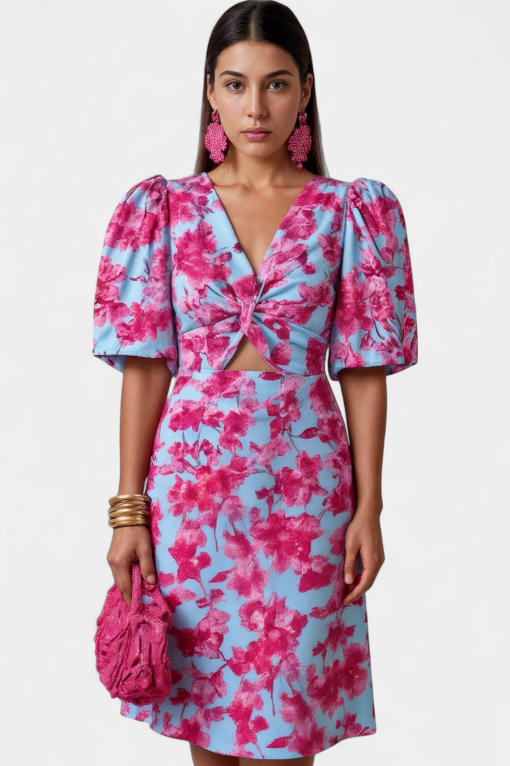 Vestido de mujer con fruncido dinámico, estampado vibrante y mangas destacadas, moda para cóctel.