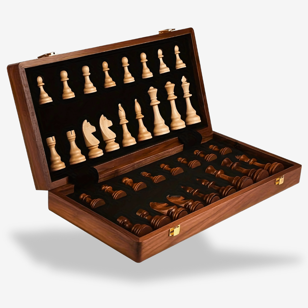 Set de ajedrez premium de madera maciza con tablero plegable. Piezas de estrategia detalladas.