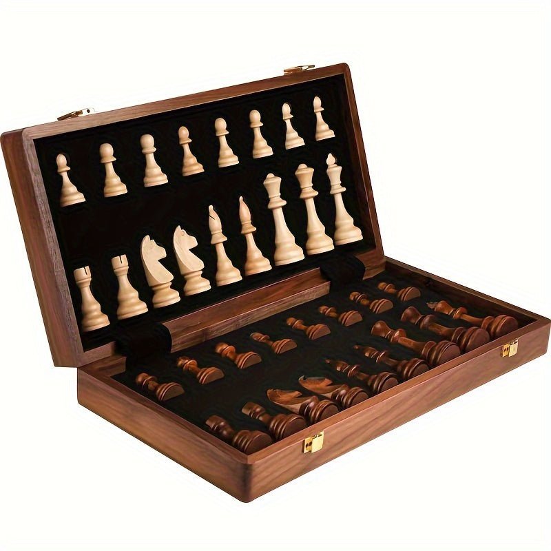 Set de ajedrez artesanal de madera maciza de alta calidad. Tablero plegable y piezas duraderas para juego de estrategia.