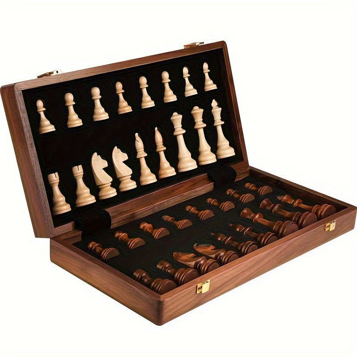 Set de ajedrez artesanal de madera maciza de alta calidad. Tablero plegable y piezas duraderas para juego de estrategia.