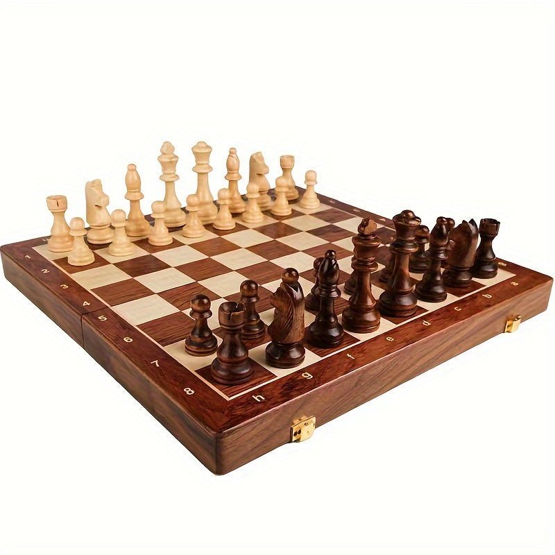 Juego de ajedrez completo con tablero plegable de madera maciza premium y piezas. Perfecto para estrategia.