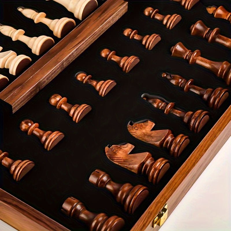 Elegante set de ajedrez de lujo en madera maciza, tablero plegable. Regalo ideal para amantes de juegos de estrategia.