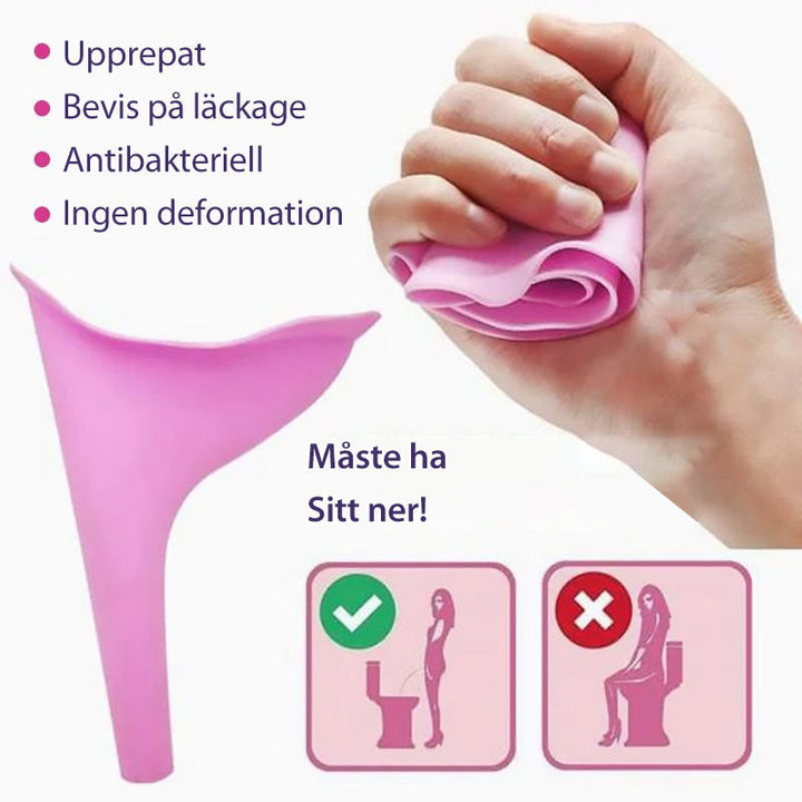 Kit de viaje esencial: embudo urinario para mujer, discreto y fácil de usar en aventuras al aire libre.