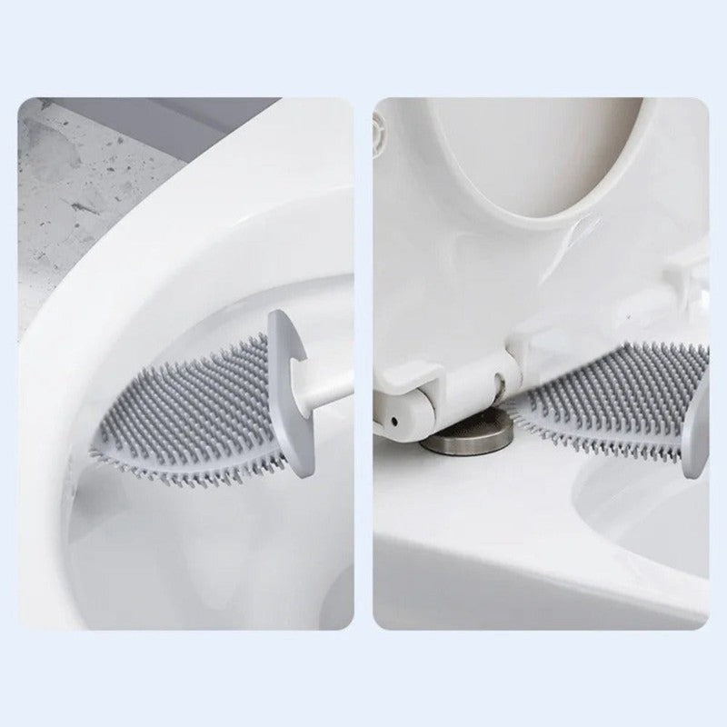 Cepillo de inodoro flexible con soporte de pared, ideal para organización y ahorro de espacio en el baño.