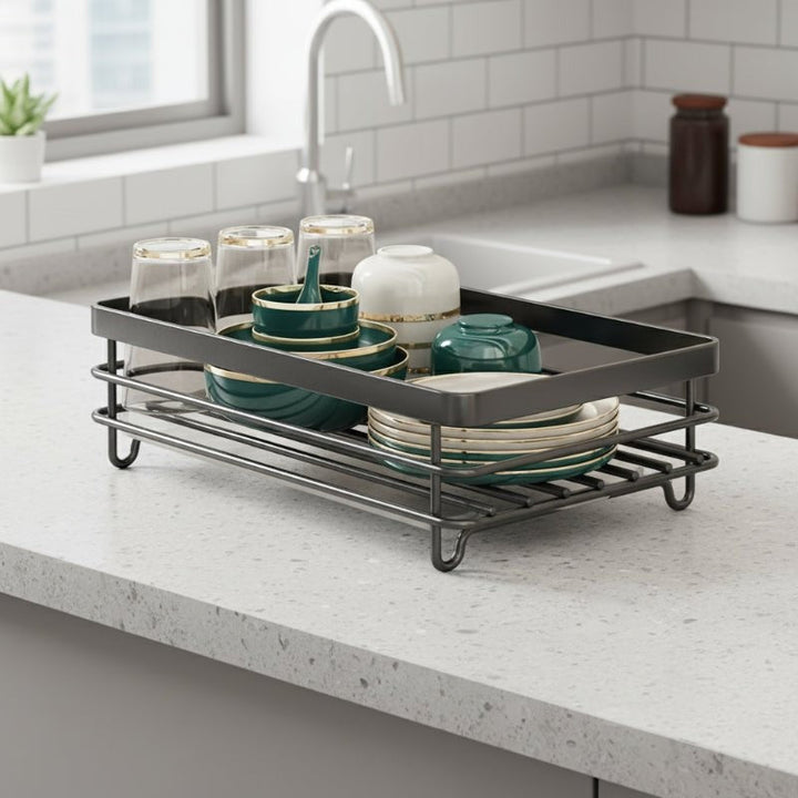 Estante de cocina plegable para platos, ideal para secado eficiente y organizado.