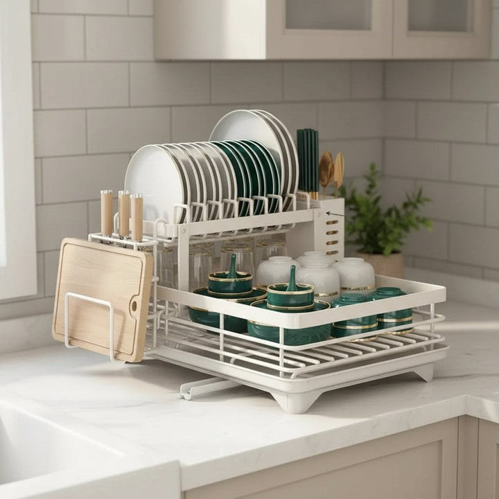 Estante de secado plegable para platos, vasos y cubiertos; optimiza espacio en la cocina.