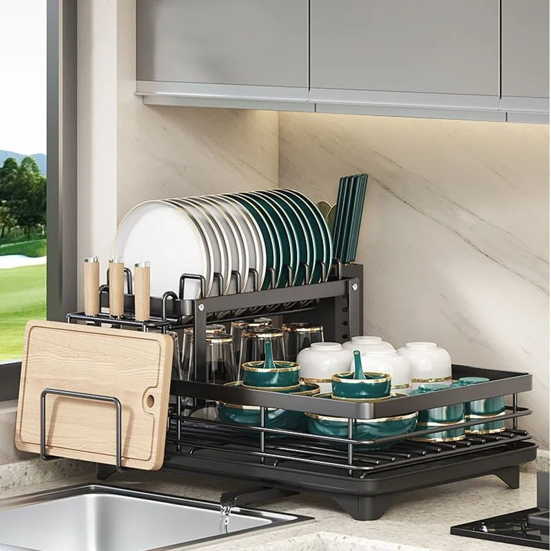 Organizador de cocina plegable de acero, estante para platos con sistema de drenaje.