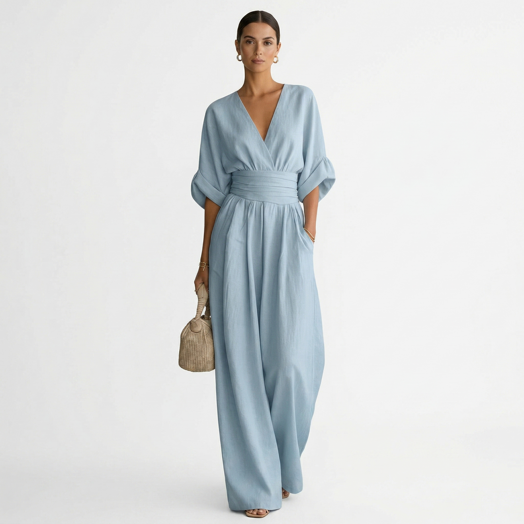 Mono largo elegante de lino para mujer, con escote V y cinturón. Ideal para verano y primavera.