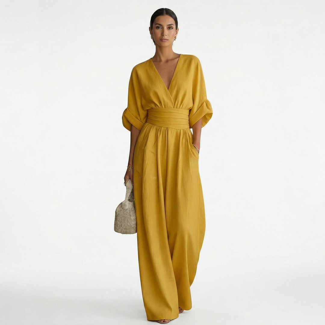 Mono largo de lino para mujer, diseño chic con escote en V pronunciado y cinturón. Ropa femenina de verano.