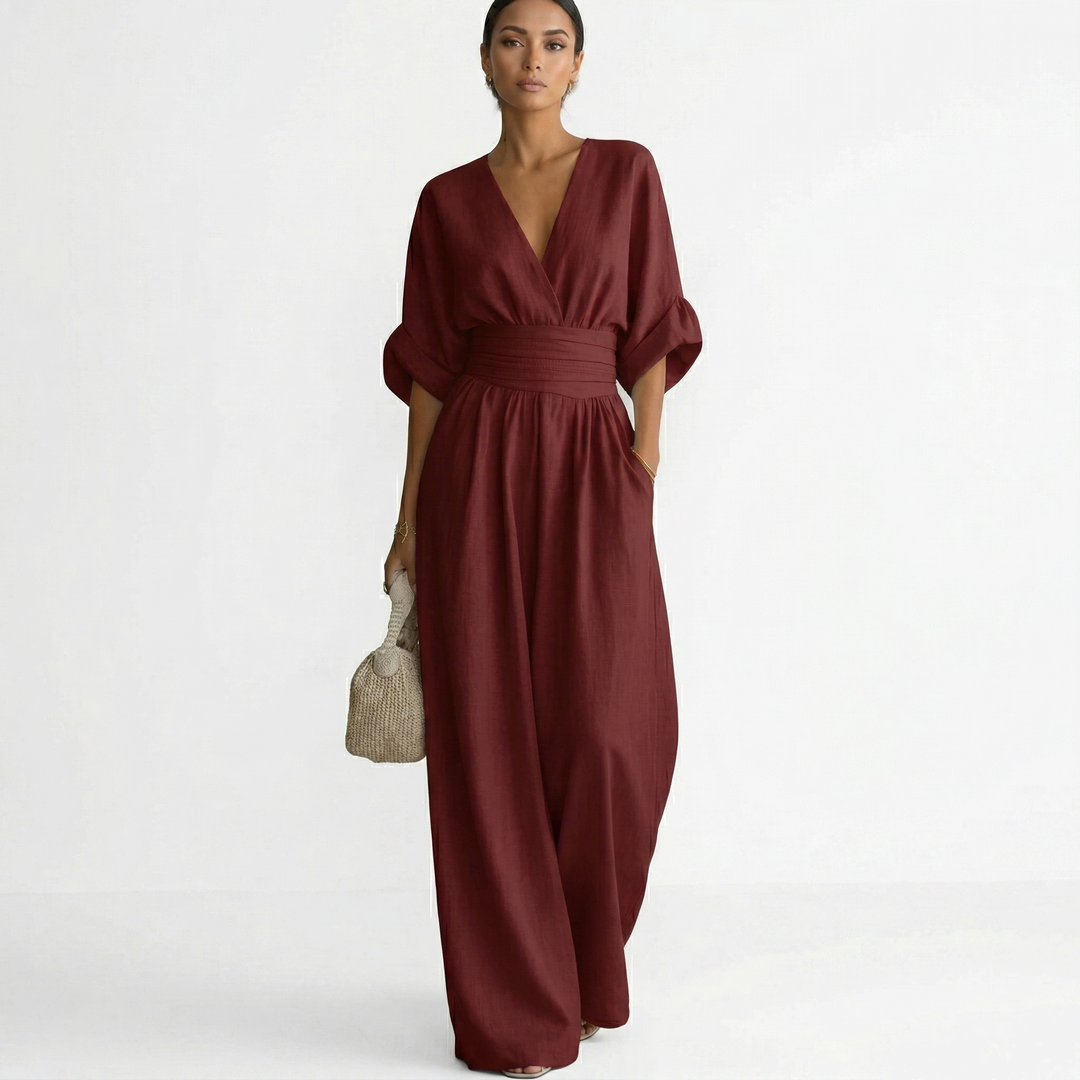 Mono de lino ligero y transpirable para mujer, estilo largo y elegante con escote V y cinturón ajustado.