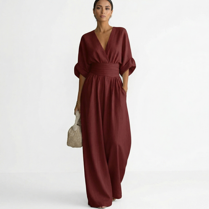 Mono de lino ligero y transpirable para mujer, estilo largo y elegante con escote V y cinturón ajustado.