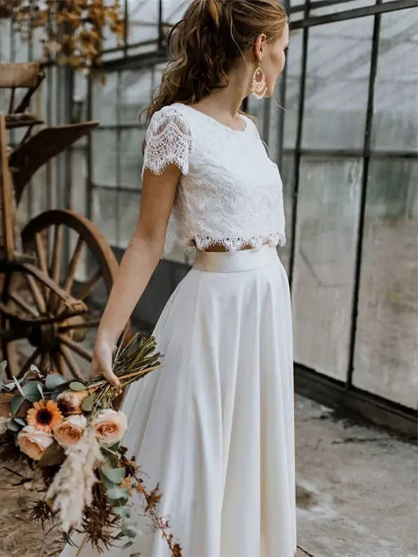 Vestido de novia bohemio de dos piezas para mujer. Top de encaje y falda asimétrica, perfecto para boda moderna.