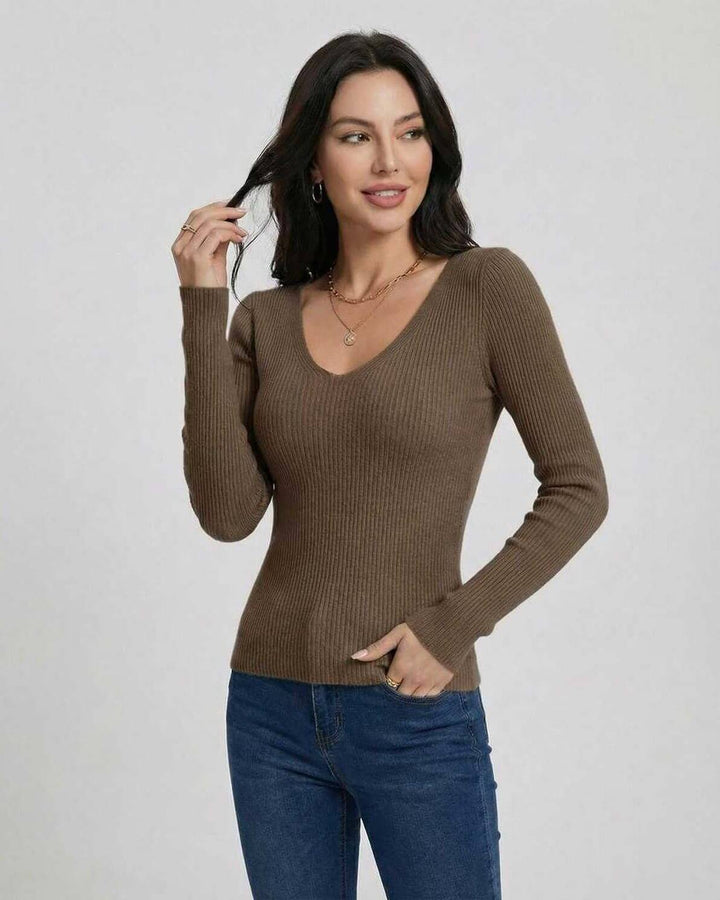 Pullover a rayas para mujer, cuello V ajustado, manga larga. Suéter elegante para oficina o casual en invierno.