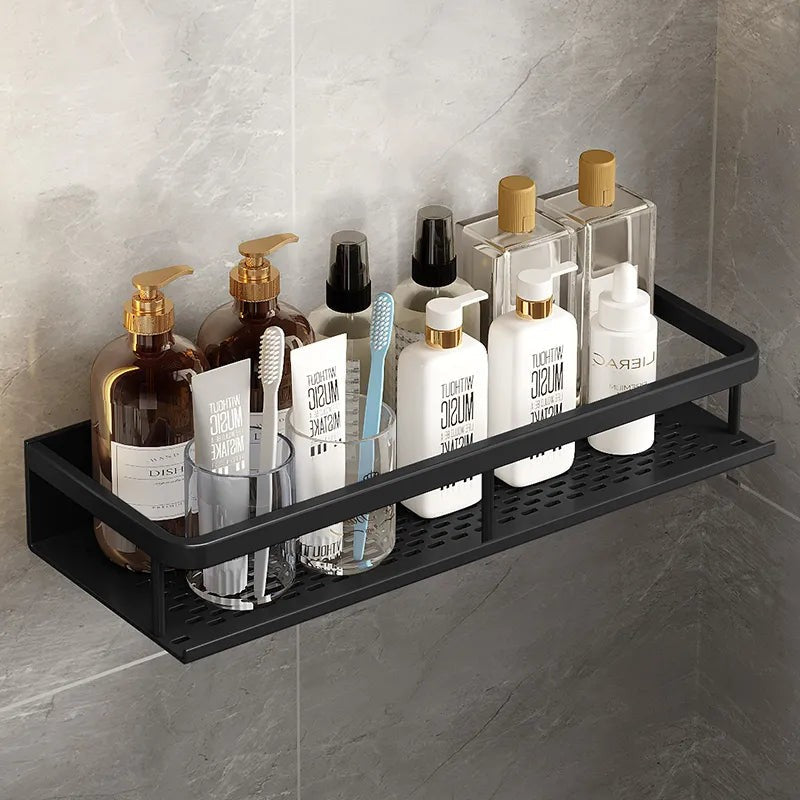 Estante de baño negro mate elegante con barandilla, ideal para organización de ducha o cocina. Almacenamiento moderno en pared.