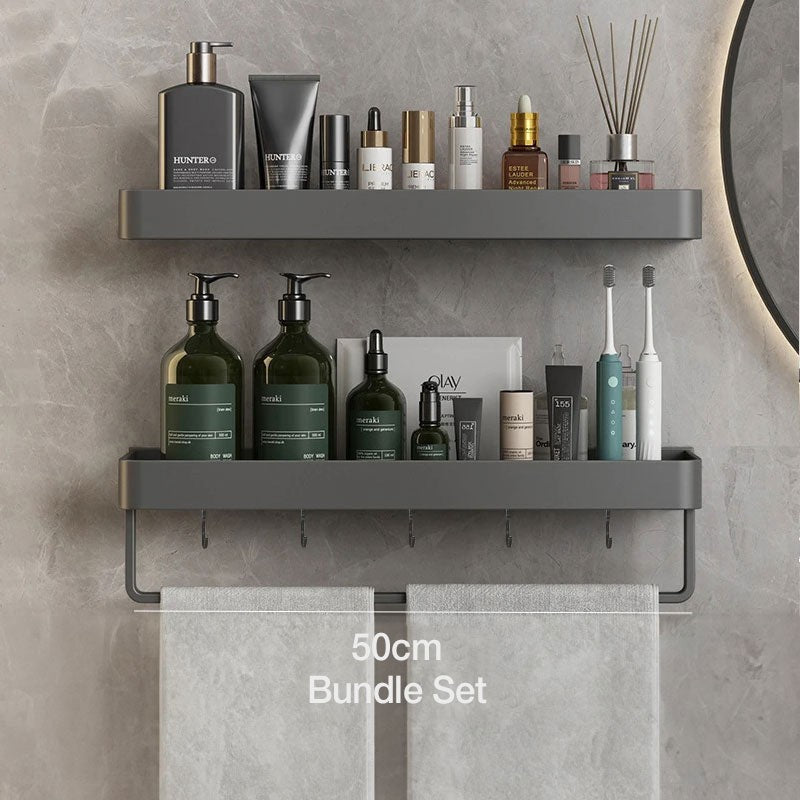 Estante de baño moderno y versátil para pared, almacena esenciales de ducha y toallas.