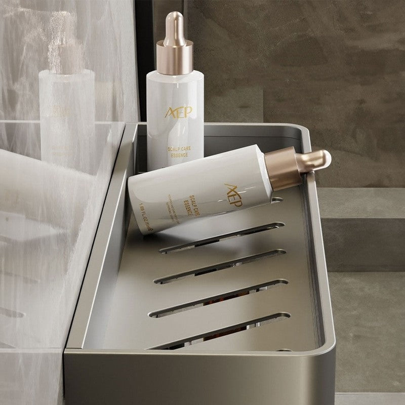 Estante moderno de pared color gris, con diseño elegante para el baño.