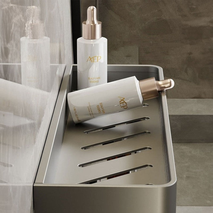 Estante moderno de pared color gris, con diseño elegante para el baño.