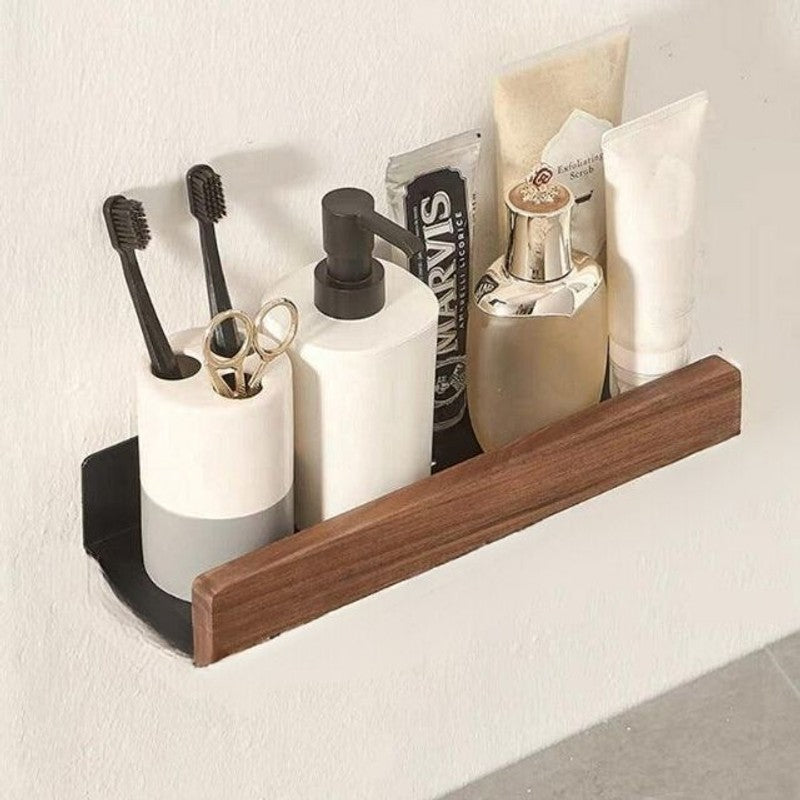 Estante de pared minimalista para baño, madera y metal. Fácil instalación sin taladros. Almacenamiento moderno.