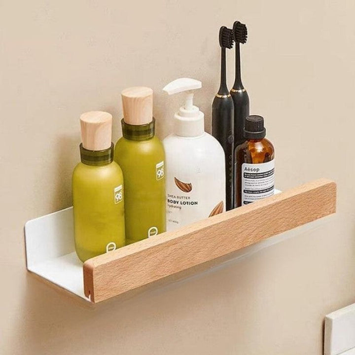 Estante de pared para baño sin taladros. Organizador flotante de madera y metal, minimalista moderno.