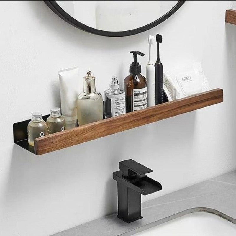 Estante de baño moderno sin taladros, montaje en pared. Solución de almacenamiento elegante y fácil de instalar.