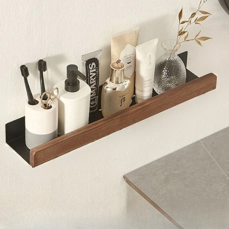 Estante organizador de baño de madera y metal, fijación en pared. Almacenamiento eficiente, diseño minimalista.