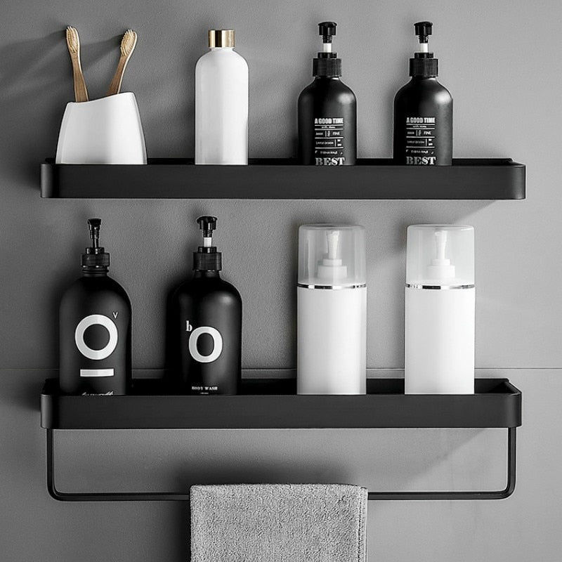 Estante adhesivo de baño, fácil instalación sin taladro, ideal para organizar champú y jabón.